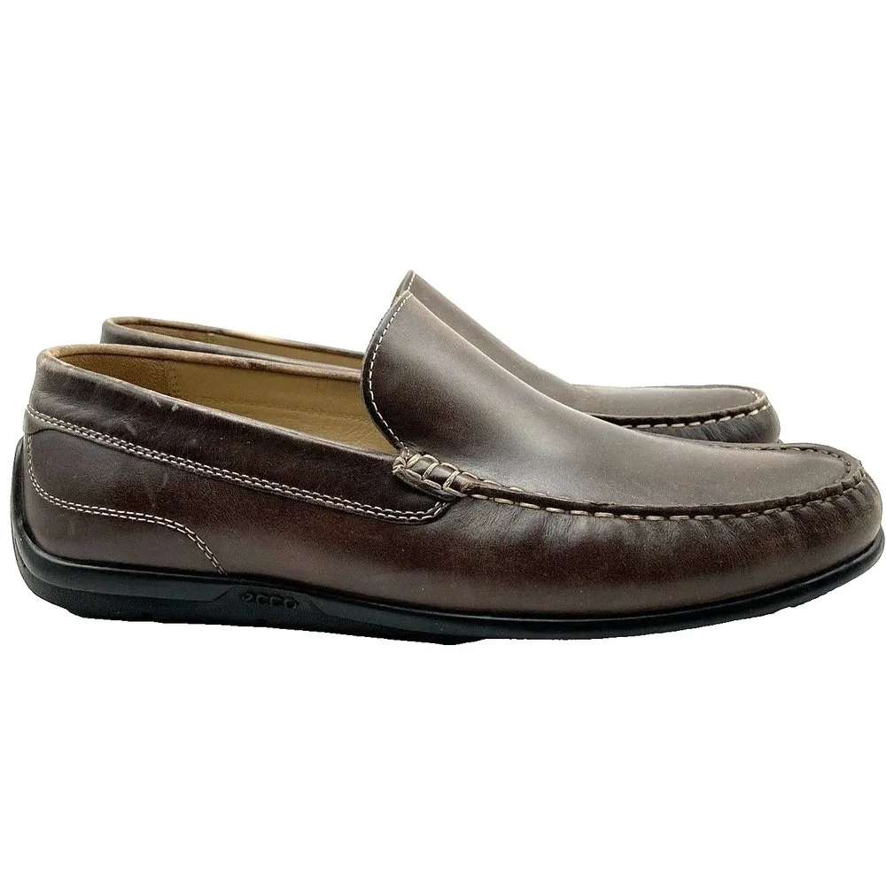 ECCO Leather Driving Loafers Mens Size 9.5 EU 43 Brown Moc Toe Slip On Comfort